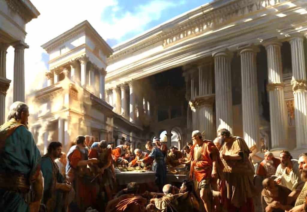 En un templo de la antigua Grecia está Hipócrates y sus asistentes.